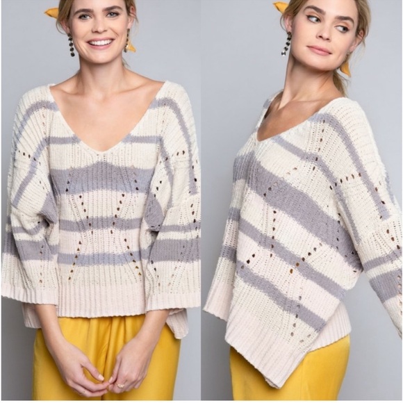 23. POL Pretty Chenille Cream and Gray V-neck Oversized Sweater - Picture 2 of 5